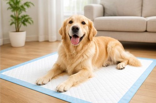 Golden retriever resting on a Clad Medical pet training pad